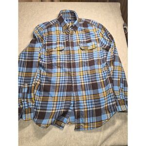 George Mens Flannel Button Down Shirt Blue Yellow Plaid Cotton GM48Y103H Size M